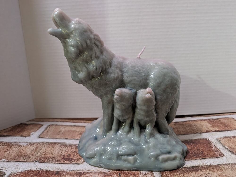 Vintage Wolf Family & Pups Howling Wax Shaped Candle 9” Tall Retro Decor Green